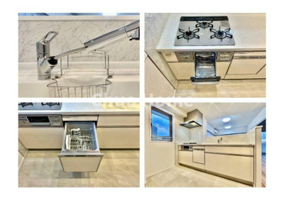 【キッチン】 | コスモプレイスグラシエ | 【システムキッチン】ワイドで収納豊富な使い勝手の良いカウンターキッチンには、食洗器や伸縮タイプのキッチン水栓、三ツ口コンロ・魚焼きグリルなどの便利な設備が標準完備されています。