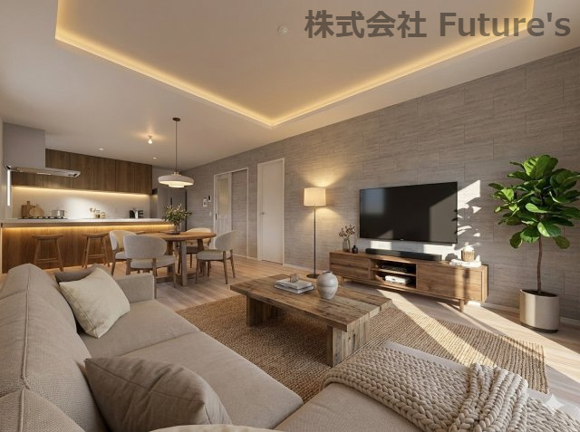 八潮市八條　新築戸建　全1棟の居間・リビング|現況の物件写真にCGによる画像処理を行っています。家具、家電、小物、カーテン等はイメージはCGです。