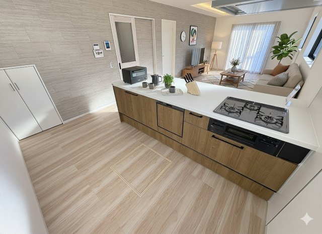 八潮市八條　新築戸建　全1棟のキッチン|現況の物件写真にCGによる画像処理を行っています。家具、家電、小物、カーテン等はイメージはCGです。