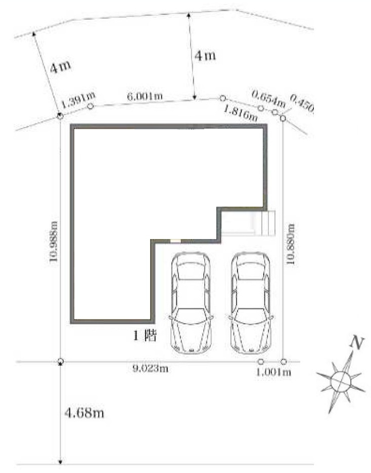 八潮市八條　新築戸建　全1棟の区画図|カースペース並列2台可能・除角地