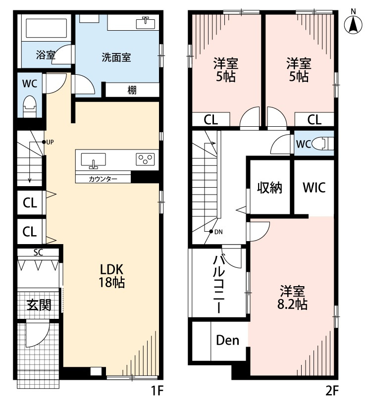 小牧市郷中２丁目　新築戸建　５号地の間取り|ウォークインクローゼット・納戸あり。
インナーバルコニー。広々洗濯室。主寝室にDENあり。