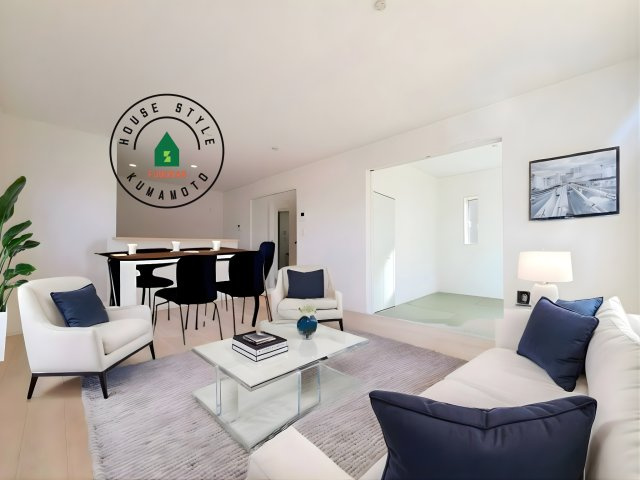 熊本市北区清水新地2丁目第6-2棟（2号棟）の内観：施工例|明るく開放的なリビングダイニングは豊かな陽光が注ぎ込み、やすらぎの空間を演出してくれます。ご家族で楽しいひとときをお過ごし下さい。※家具はCGを合成したものです。