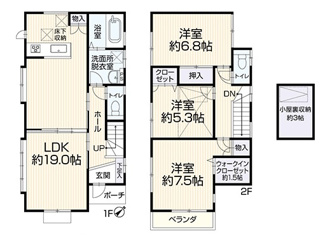 【間取り】 | 南区若松4丁目 中古戸建 | 3LDK　都市ガス　食洗器・浄水器　浴室乾燥機+窓　各部屋照明器具付　WIC　リビング収納　屋根裏収納　LDK19帖