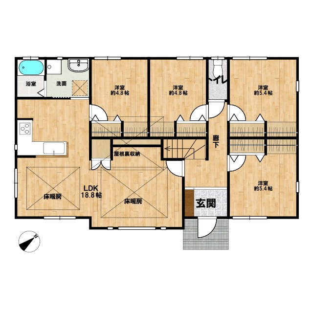 中古戸建　秋間みのりが丘の間取り|LDKに温水式床暖房を備えています。平屋の戸建て住宅ながら、屋根裏を活用して収納スペースたっぷりです。
