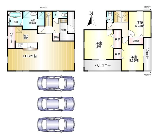 香芝市下田西３期の間取り|3LDK 土地面積：164.39㎡　建物面積：107.64㎡　駐車スペース3台