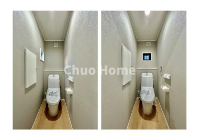 【トイレ】 | 葛飾区水元1丁目新築分譲住宅 | 【トイレ×2】 収納スペースをしっかりと確保した温水洗浄便座機能付きトイレ。温水洗浄便座は清潔にお使いいただくための大切なアイテムです。