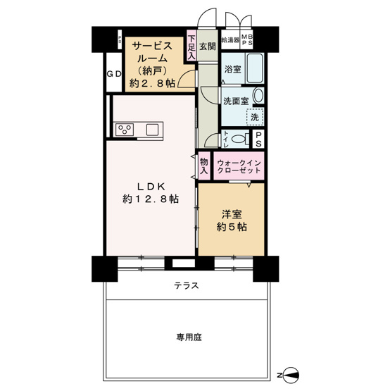 【間取り】 | 今福スカイハイツ | 中古マンション　2LDK　専有面積：59.85平米　テラス面積：7.56平米　専用庭面積：39.69平米　西向き