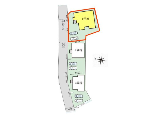 新築　高崎市上中居町3期　GRAFARE　１号棟の区画図|1号棟　区画図　西側接道幅員約4.9ｍ
