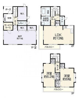 【間取り】 | 茅ヶ崎市西久保 中古戸建て | 3階建　2LDK+1S（洋室仕様）　二部屋から行き来できる南向きバルコニー（3階）・L字バルコニー（2階）　浴室乾燥機+窓　各部屋照明器具付　各部屋収納　LDK13帖　S室11帖　全居室6帖以上