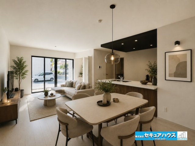 【本日ご案内可能】刈谷市野田町西屋敷　全2棟の居間・リビング|【LDKに家具を配置したイメージ図】
◆シンプルなデザインのリビングのため好きなテイストの空間をつくることができます。
◆対面式のオープンキッチンは、家事をしながら家族の様子を見ることができます。　　