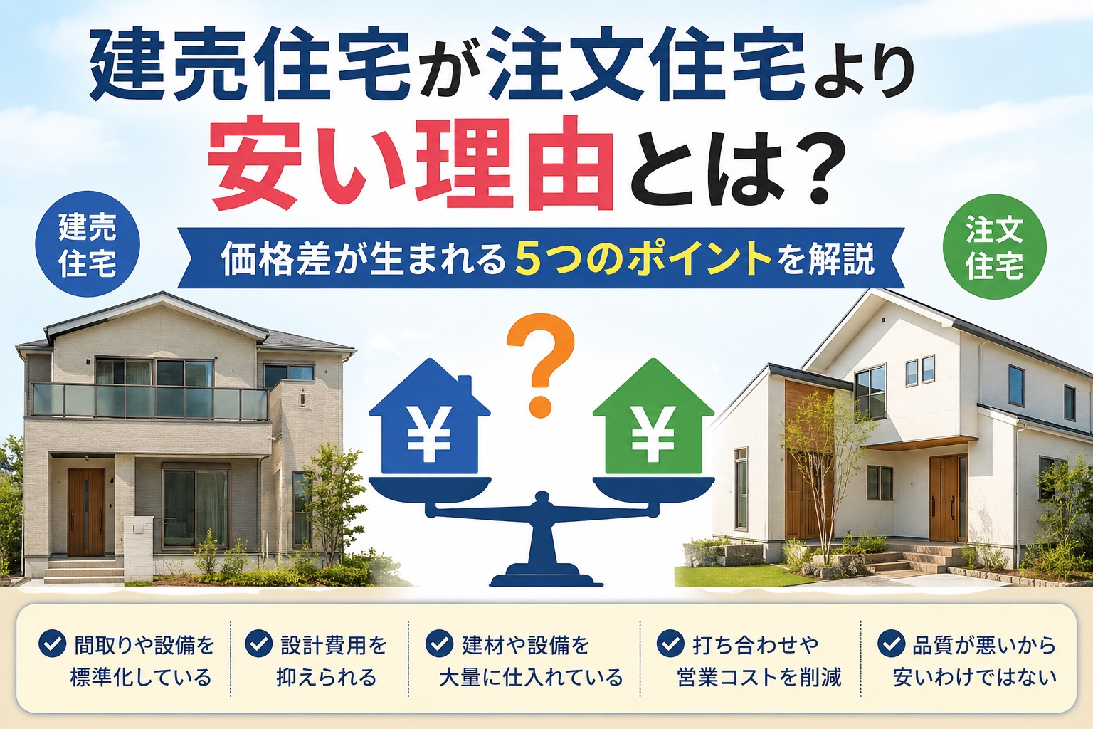 建売住宅が注文住宅より安い理由とは？価格差が生まれる5つのポイントを解説の画像