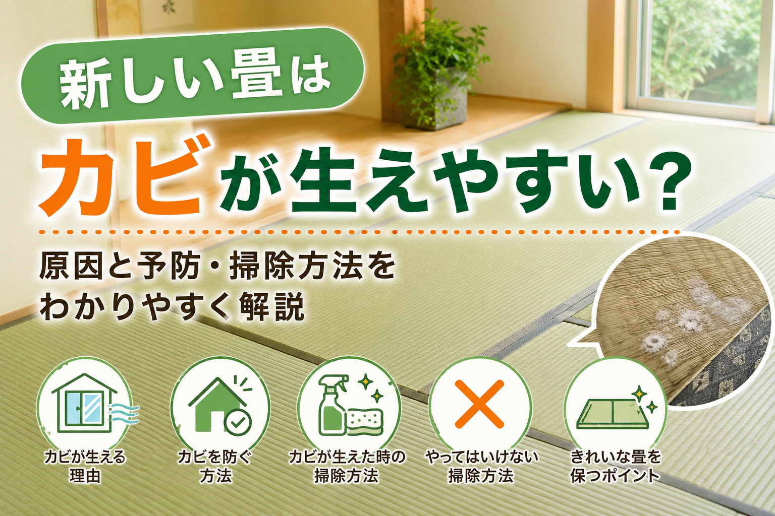 新しい畳はカビが生えやすい？新築住宅で注意したい原因と予防・掃除方法を解説の画像