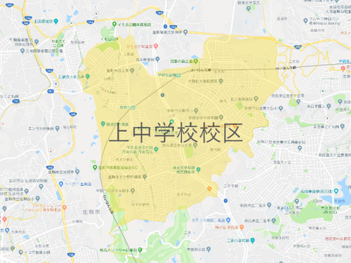 生駒市立上中学校（いこましりつかみちゅうがっこう）校区地図