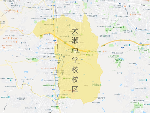 生駒市立大瀬中学校（いこましりつおおぜちゅうがっこう）校区地図