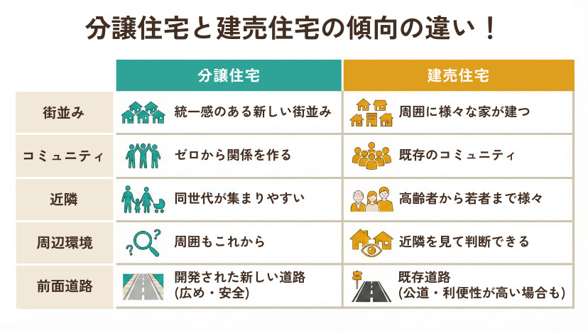 分譲住宅と建売住宅の傾向の違いをまとめた比較表