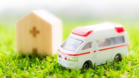 救急車のオモチャと積み木の家が芝生の上に置いてある写真
