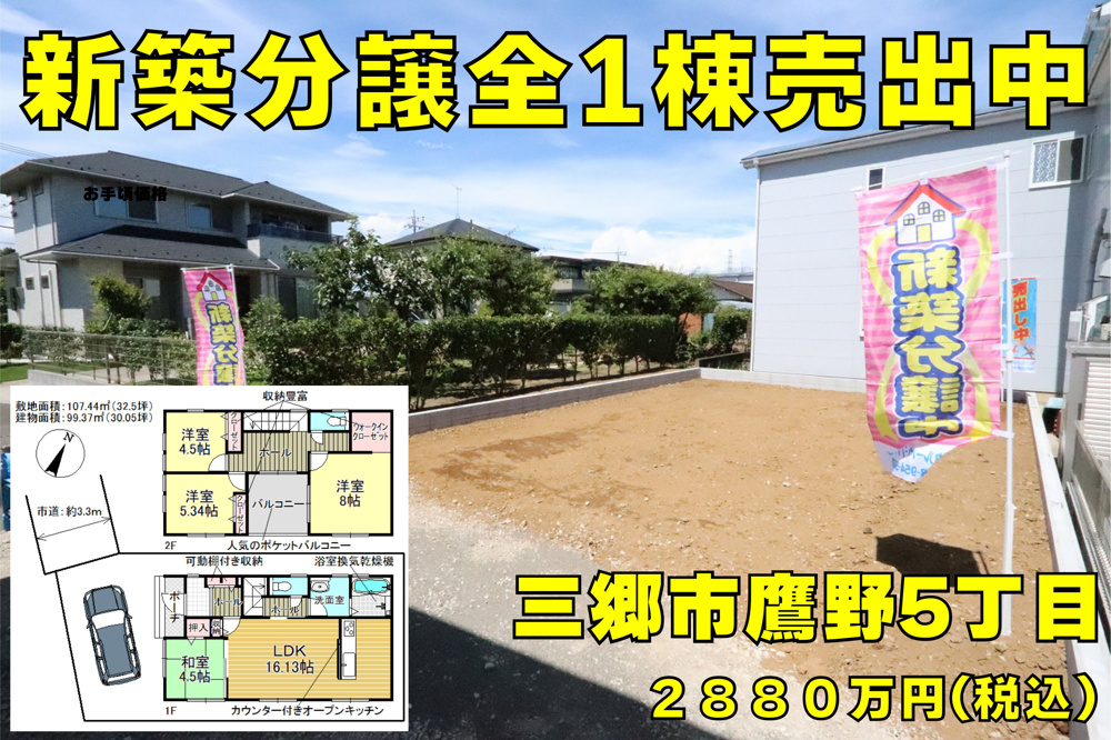 【新築】ダイソー三郷鷹野店近くに新築分譲全1棟！お手頃価格で売出中(^^)周辺施設が充実していて人気のエリア！バスで八潮-松戸へのアクセスも良いですよ！の画像