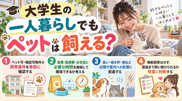 【大学生の一人暮らしでもペットは飼える？】注意点やポイントについての画像