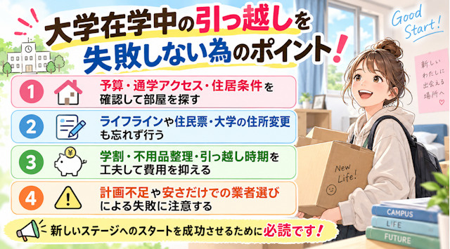 【大学在学中の引っ越し】知っておきたいお得情報や、失敗しないために気をつけたいポイントを紹介！
