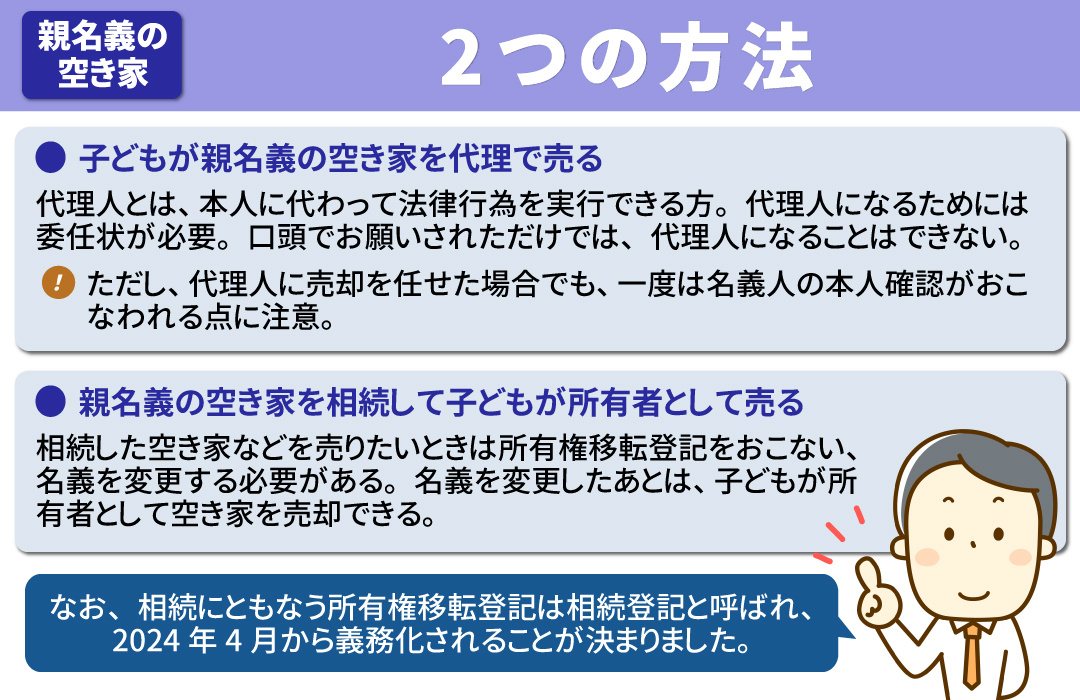 親名義の空き家を売却①子どもが売却できる2つの方法とは