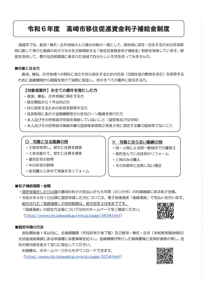 令和6年高崎市移住促進利子補給制度の画像