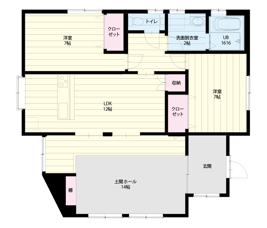 拾い土間がある日向市財光寺の2LDK平屋間取り図