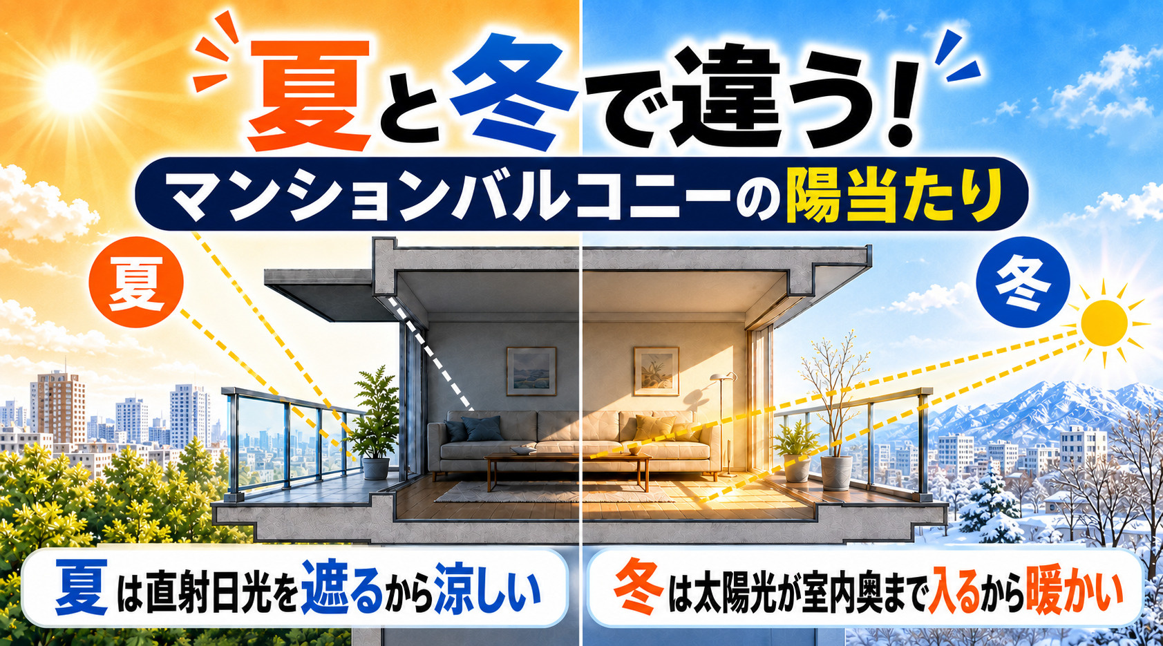 夏と冬で違う!マンションバルコニーの陽当たり影響と賢い物件選びのポイントの画像