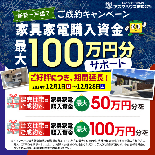 新築一戸建てご成約キャンペーン　家具家電購入資金最大100万円サポート！の画像