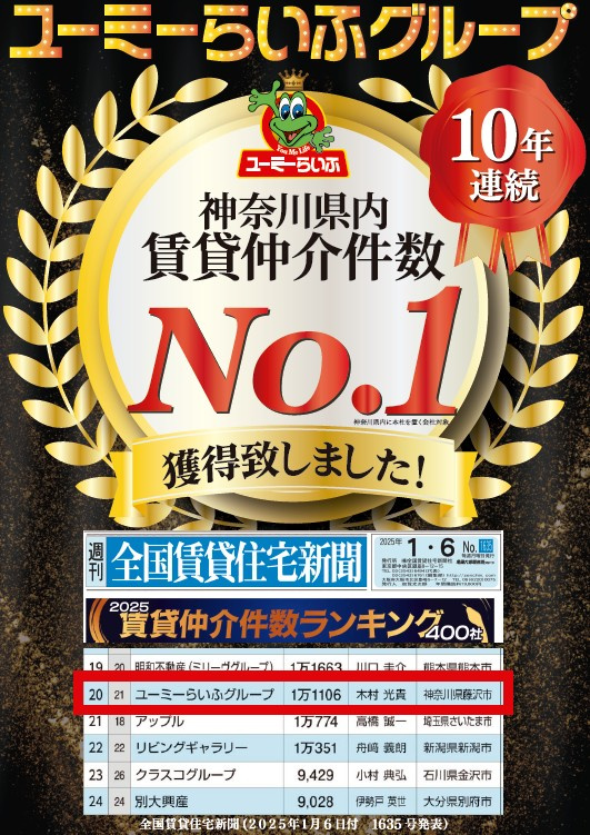 2025賃貸仲介件数ランキング　神奈川県内10年連続第1位！の画像