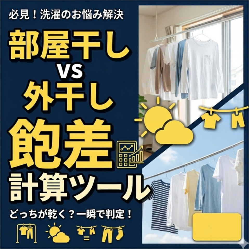  部屋干しと外干し、今日はどっちの方が洗濯物が乾きやすいのか？飽差計算ツールの画像