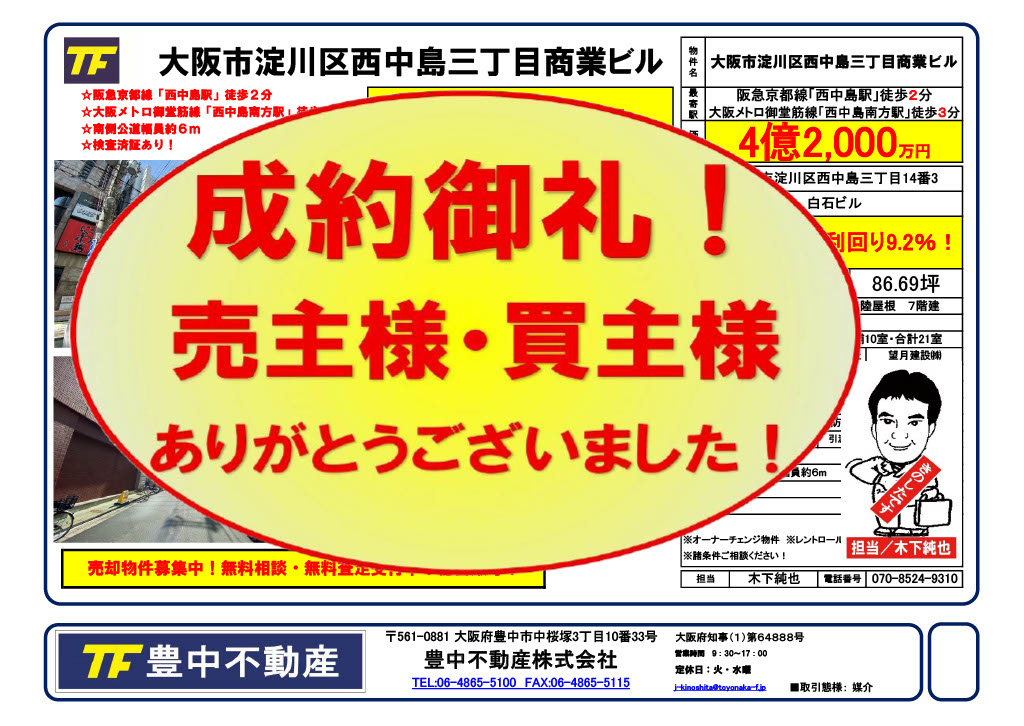 成約御礼！　大阪市淀川区西中島三丁目ビルの画像