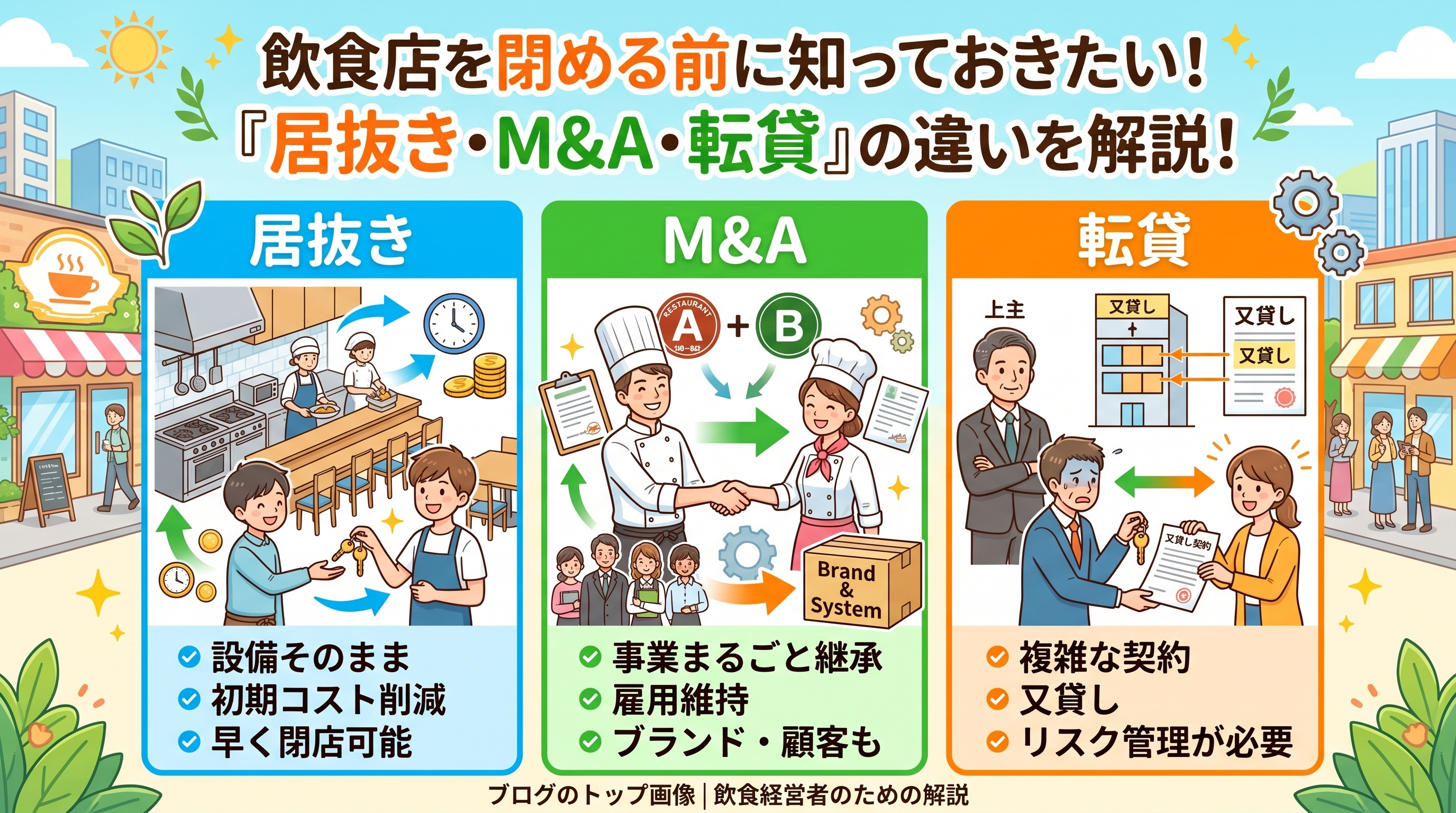 飲食店の閉店手段「居抜き・M&A・転貸」を比較の画像