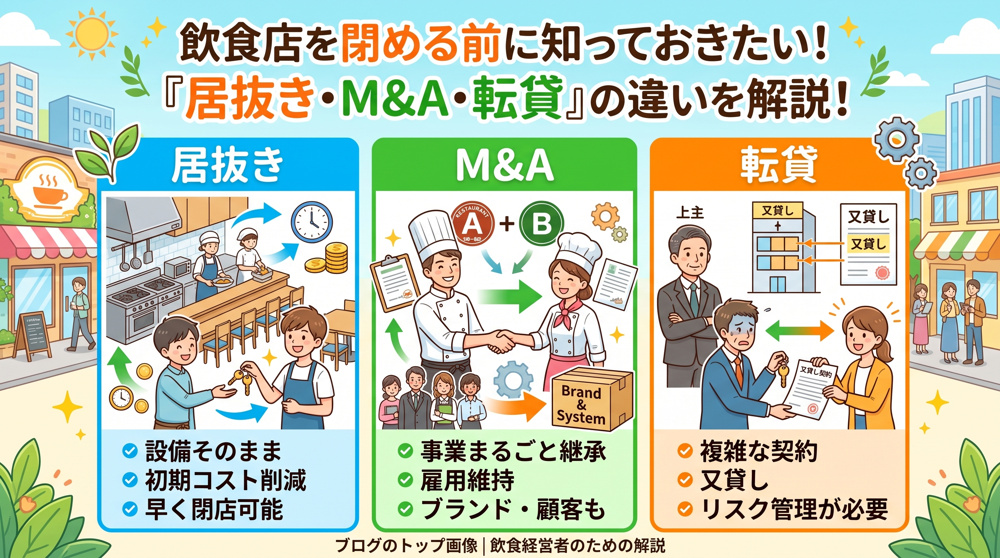 飲食店の閉店手段「居抜き・M&A・転貸」を比較の画像