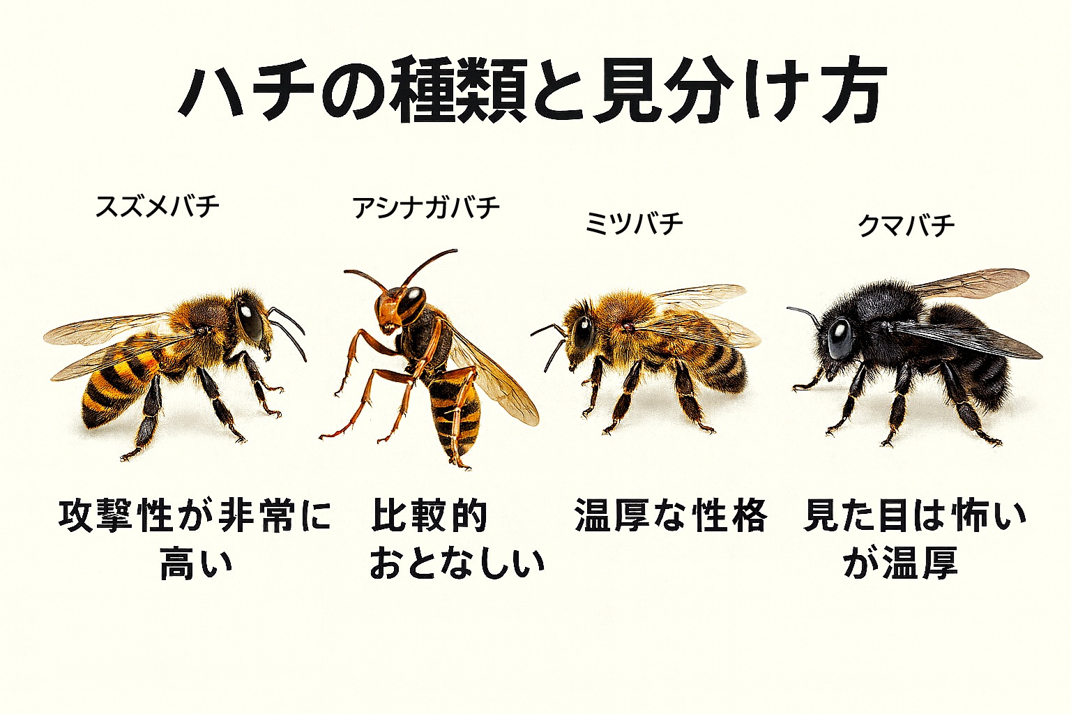 ハチの種類と見分け方（スズメバチ、アシナガバチ、ミツバチ、クマバチ）を比較した図