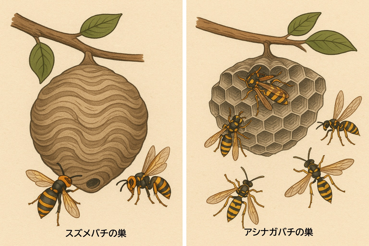 スズメバチとアシナガバチの巣の比較イラスト
