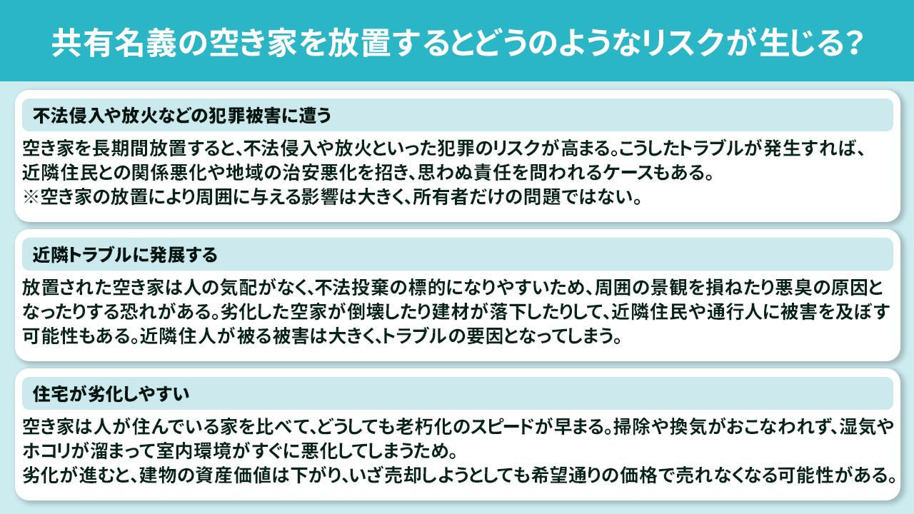 共有名義の空き家を放置するとどうのようなリスクが生じる？