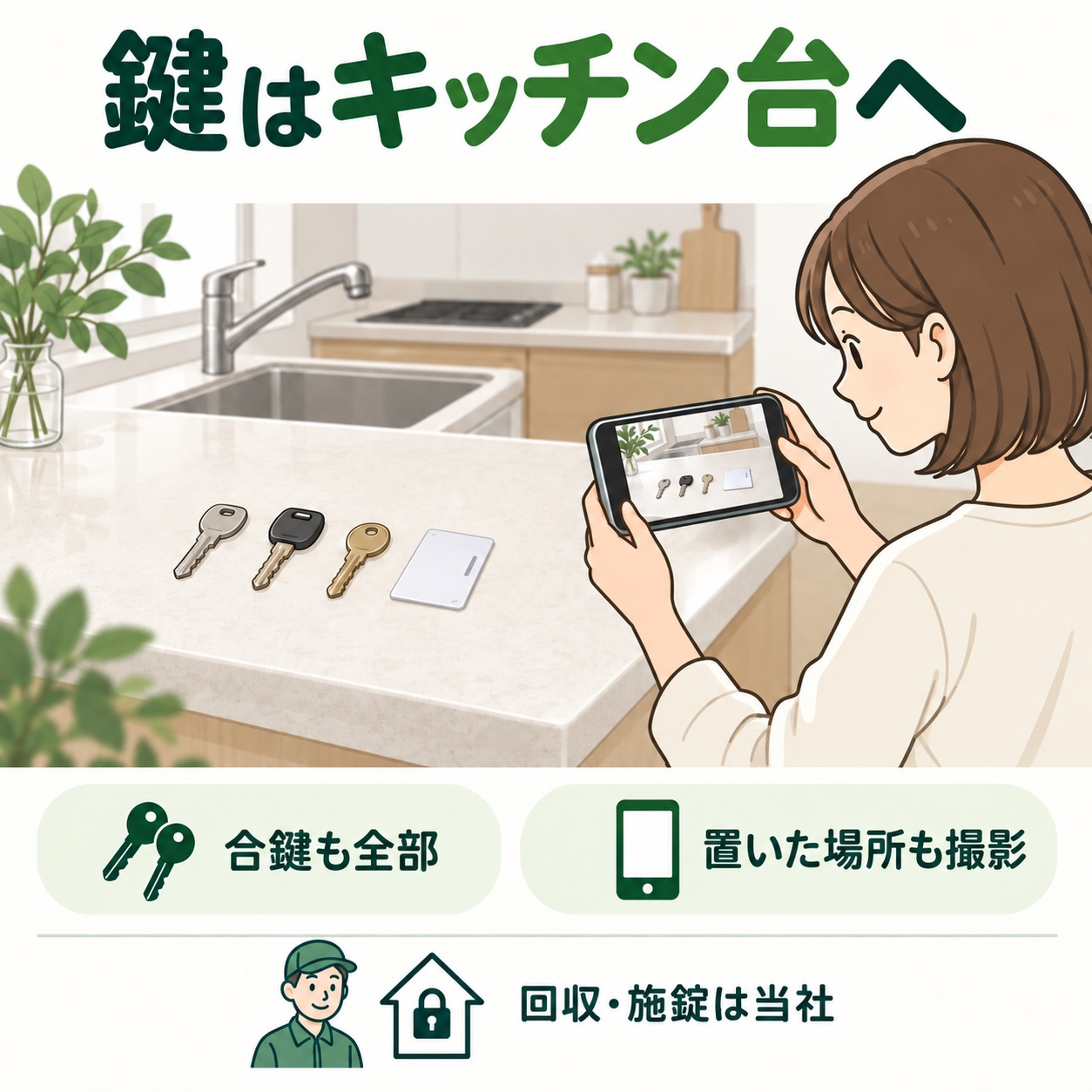キッチン台に鍵とカードキーを並べ、全数と場所が分かるようスマートフォンで撮影する図。回収と施錠は当社が行う。