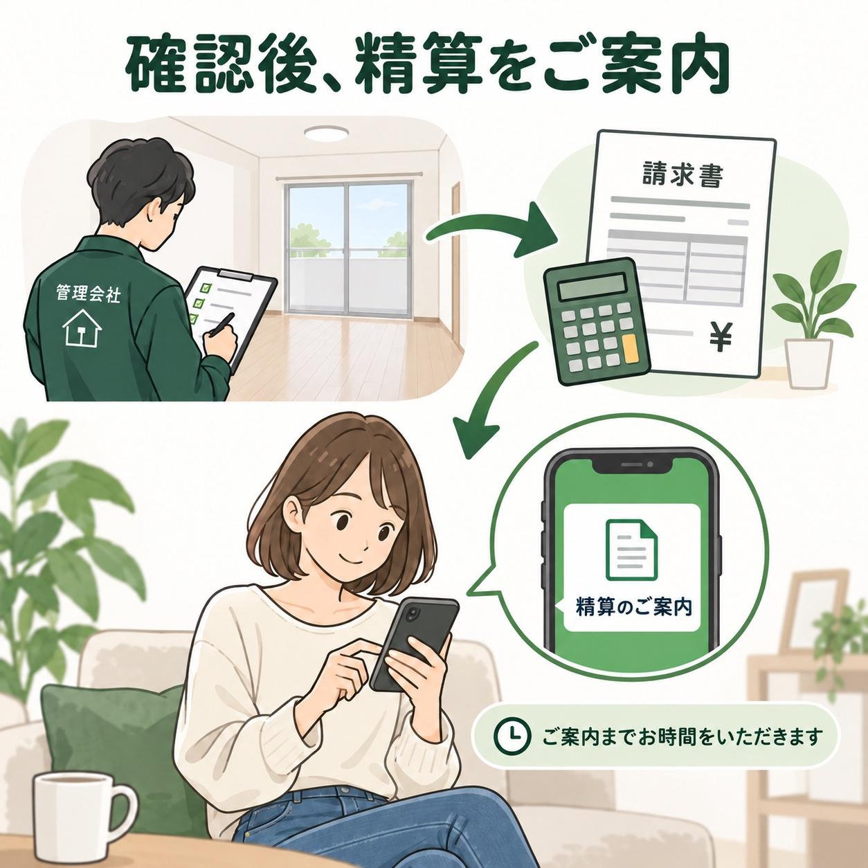 管理会社が現地確認を行い、請求書と敷金を計算してからLINEで精算内容を案内する図。