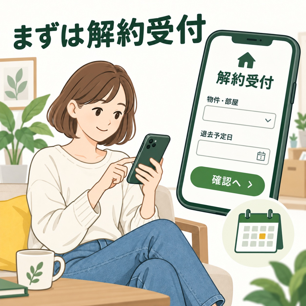 スマートフォンで物件・部屋と退去予定日を解約受付フォームに入力する入居者。