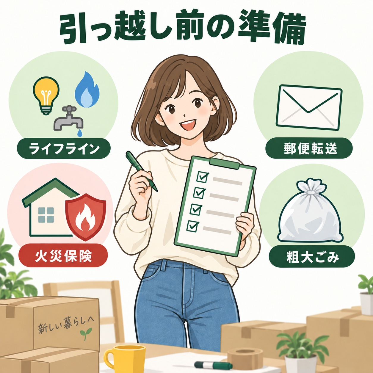 引っ越し前にライフライン、郵便転送、火災保険、粗大ごみの手配を確認する図。