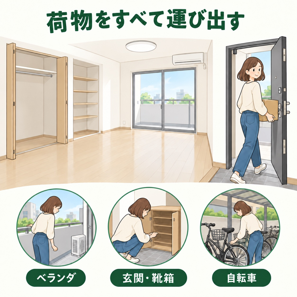 私物を搬出し、空の収納、ベランダ、玄関の靴箱、自転車置き場を確認する入居者。