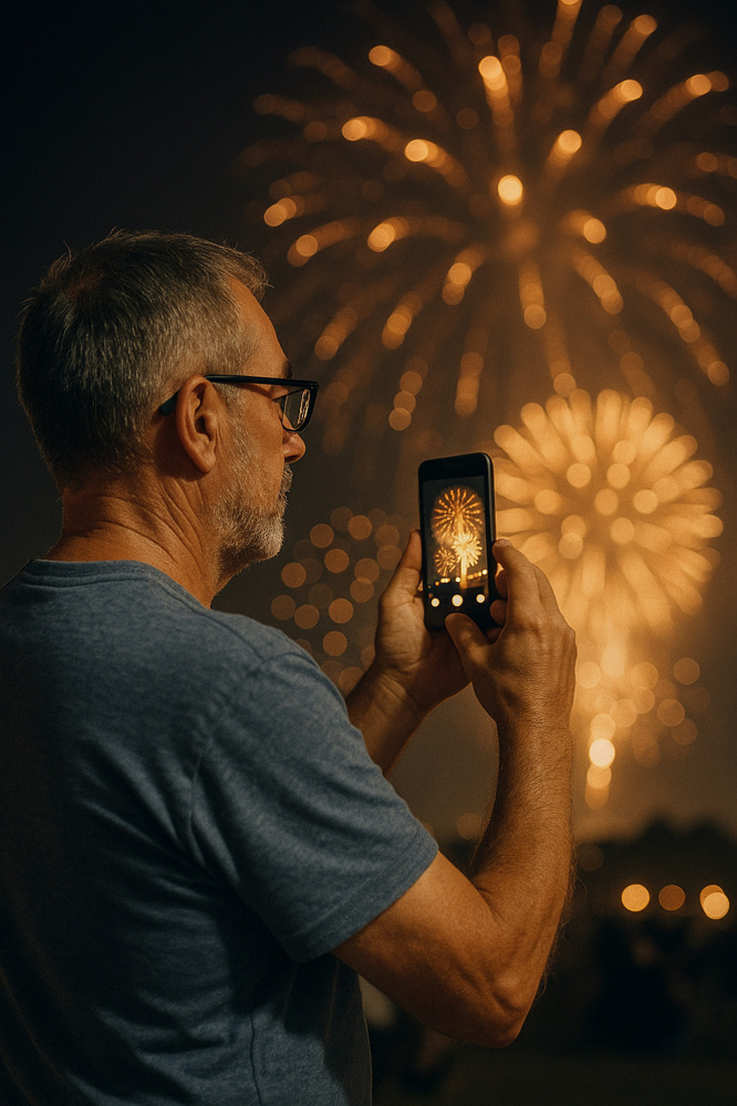 夏の星座にぶらさがって上から花火を見下ろしての画像