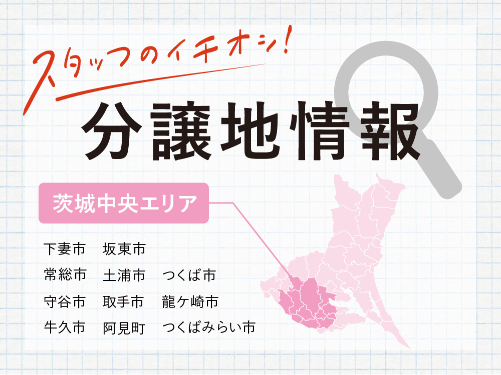 茨城県中央エリア（下妻市・坂東市・常総市・土浦市・つくば市・守谷市・取手市・龍ヶ崎市・牛久市・つくばみらい市・阿見町）の分譲地情報