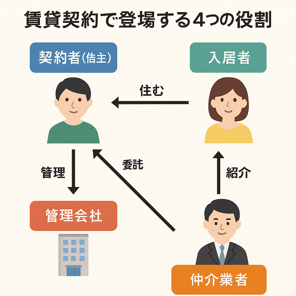賃貸契約で登場する4つの役割｜契約者・入居者・管理会社・仲介業者の関係をわかりやすく解説の画像
