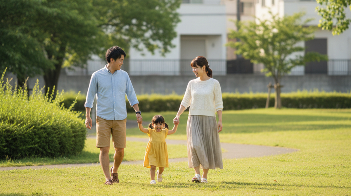 庭で子供が遊ぶ芦屋の戸建て住宅