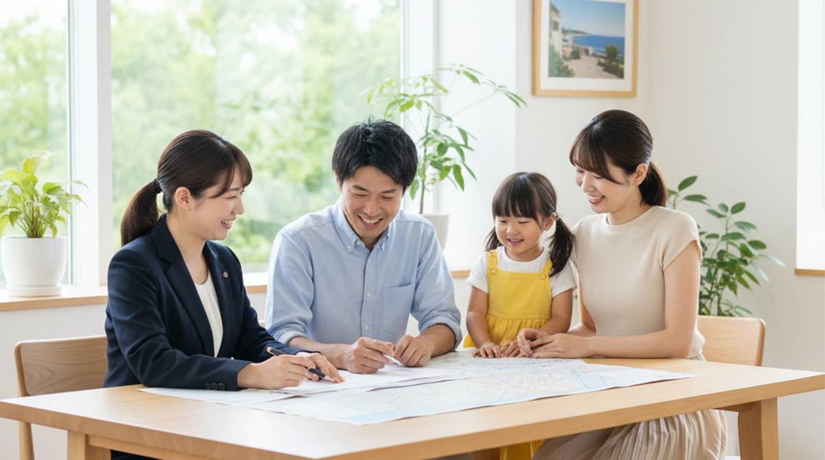 公園を散歩する家族