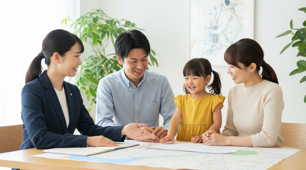 庭付きの家について相談する家族