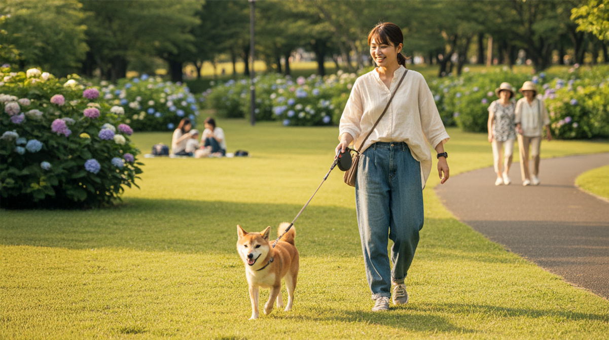 公園で愛犬と散歩する飼い主
