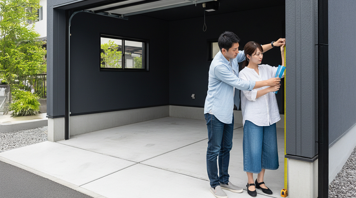 自宅の駐車場のサイズを測る夫婦