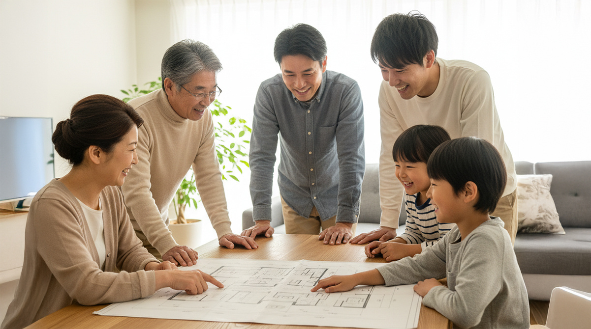 間取り図を囲んで話し合う三世代家族